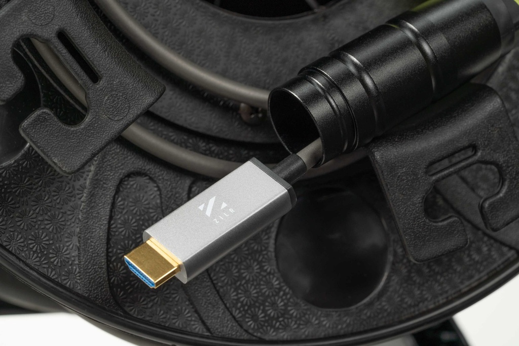 ZILR Cable Reel HDMI 8Kp60 100m (Directional Full to Full) Armored Fiber Optic Cable with Connect Caps on Production Reel