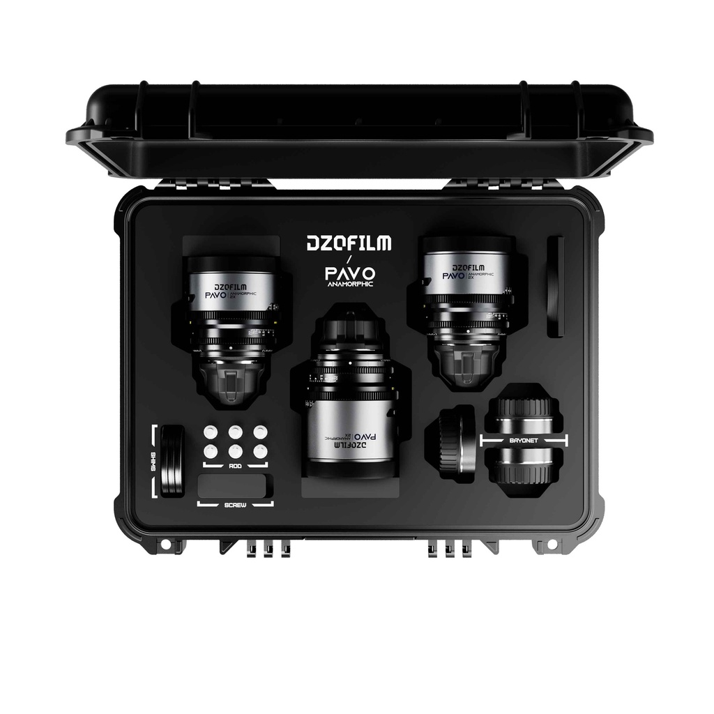 [DZO-PAA3PLMB] DZOFILM Pavo 2x Anamorphic 3-Lens Kit (28/40/75mm T2.1) for PL/EF Mount (S35) metric - Blue Coating