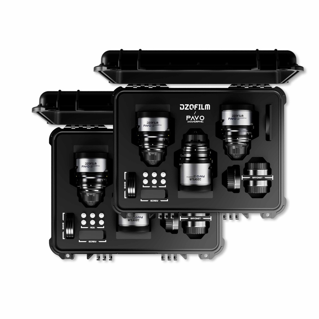 [DZO-PA6PLIB] DZOFILM Pavo 2x Anamorphic 6-Lens Kit (28/32/40/55/75/100mm T2.1/T2.4) for PL/EF Mount (S35) imperial - Blue Coating