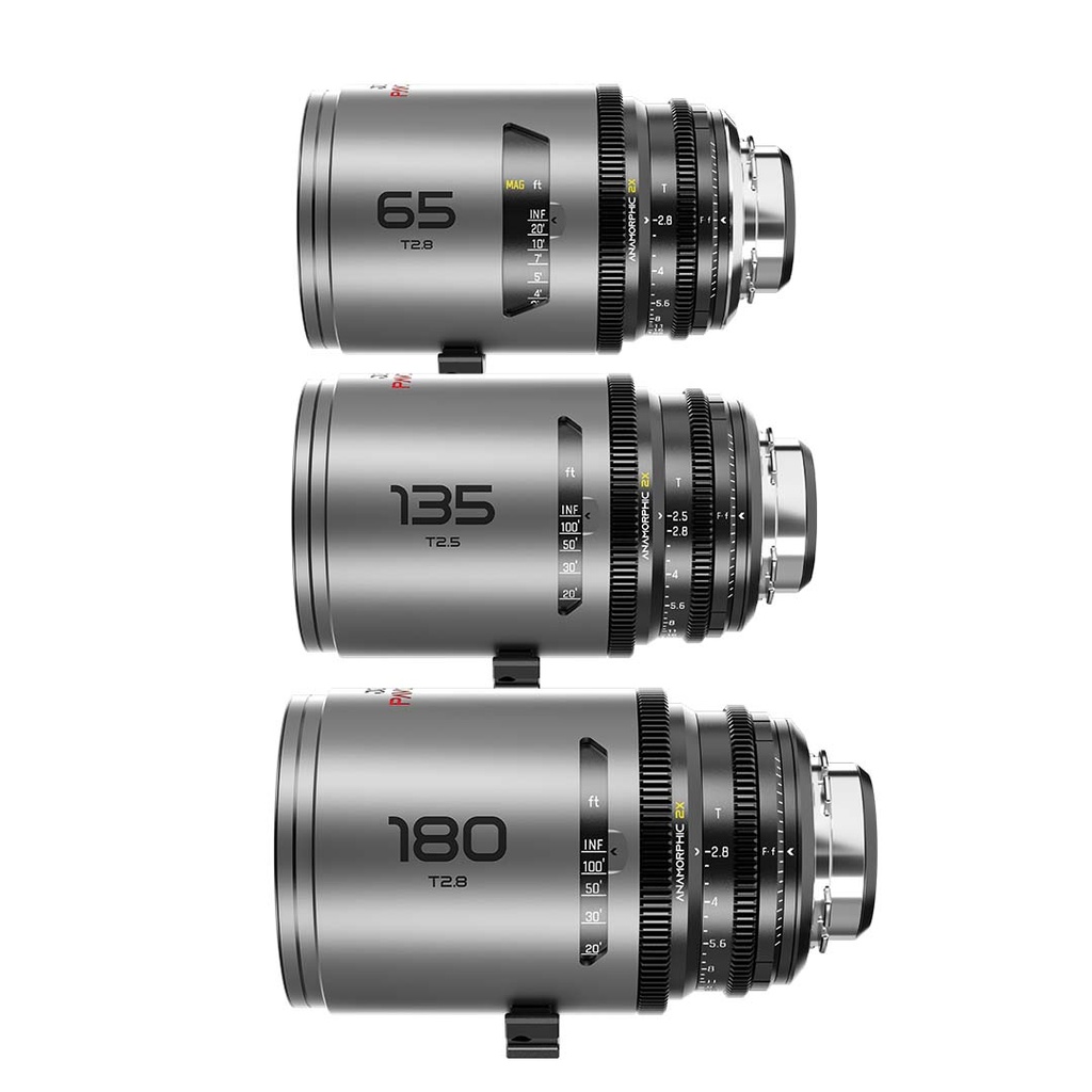 DZOFILM Pavo 2x anamorphic Prime C set macro 65mm/180mm T2.8, 135mm T2.5 -Neutral Coating- PL&EF mount (imperial)