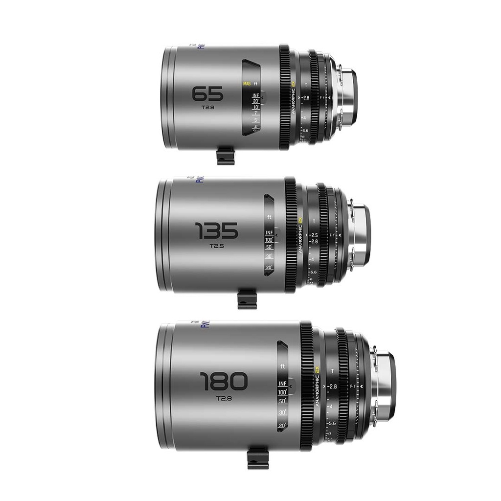 DZOFILM Pavo 2x anamorphic Prime C set macro 65mm/180mm T2.8, 135mm T2.5 -Blue Coating- PL&EF mount (imperial)