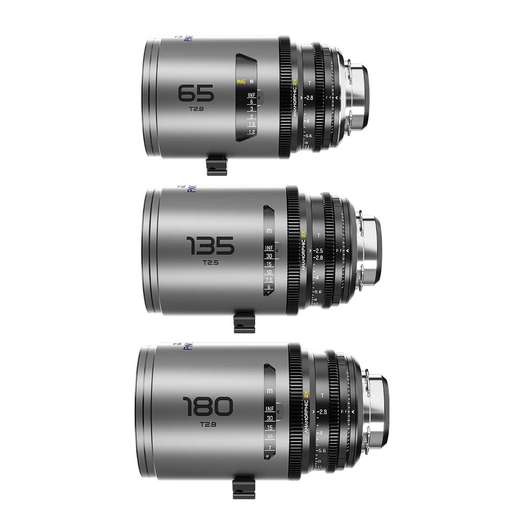 DZOFILM Pavo 2x anamorphic Prime C set macro 65mm/180mm T2.8, 135mm T2.5 -Blue Coating- PL&EF mount (metric)