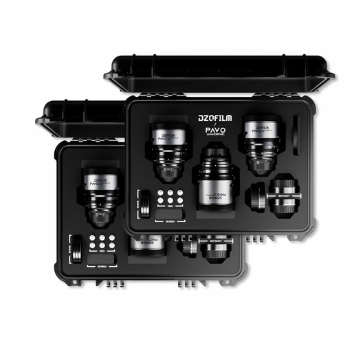 [DZO-PA6PLMB] DZOFILM Pavo 2x Anamorphic 6-Lens Kit (28/32/40/55/75/100mm T2.1/T2.4) for PL/EF Mount (S35) metric - Blue Coating