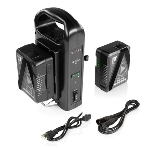 [SH2V98PW] SHAPE 2x 14.8 V 98 WH rechargeable lithium-ion V-mount batteries with intelligent dual V-mount battery charger